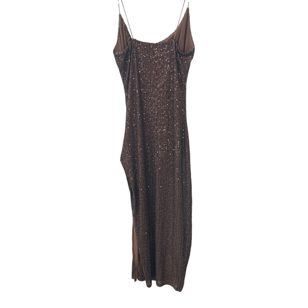 VICI Collection Sequin Dark Brown Maxi Spaghetti Strap Slip Slit Dress Sz S NWOT - Picture 2 of 5